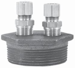 One hole is double tapped for the suction line, and one hole is single tapped for the return line. Cast iron with NPT threads. Fig. 184 Fig. 184D duplex bushing.