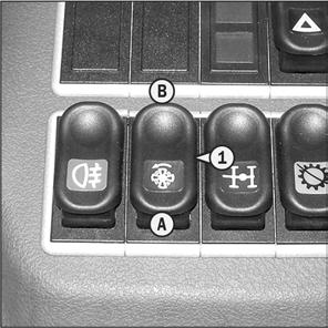 - Press switch (1) to the (B) position, the indicator lamp goes out indicating that boom ride control is deactivated. - When the engine is turned off, boom ride control is automatically deactivated.