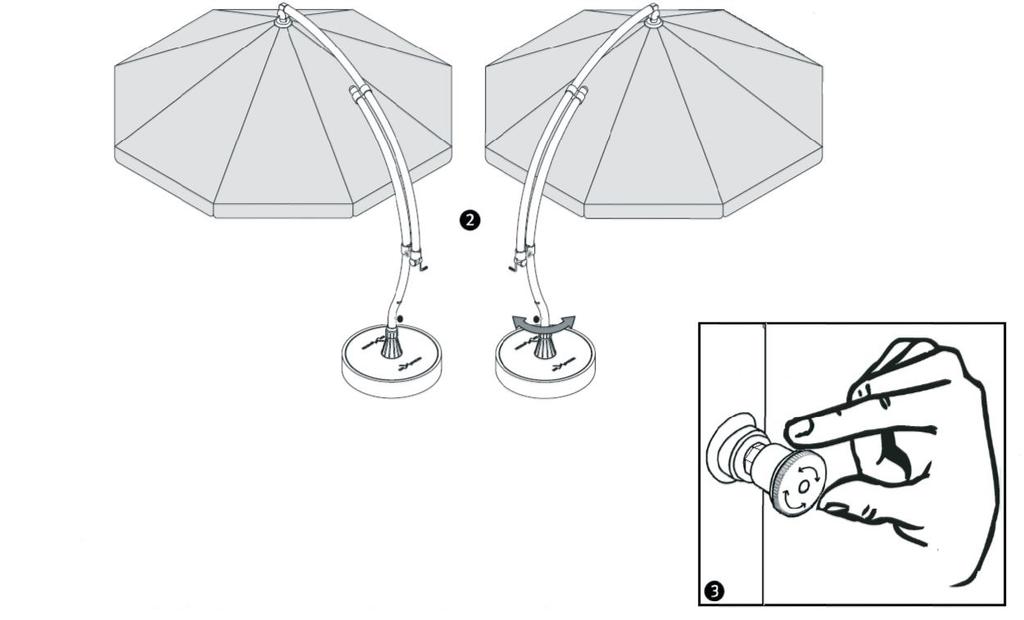 Operation 4 Turning the sunshade in the parasol 8. asola base or bottom pole Pull the knob out of its mounting. Turn the knob by 90 o. Leave it in this position and outside of the mounting.
