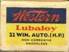 1931- "BULLSEYE" Non-Corrosive "LUBALOY" Issues WA-2.22 WIN. AUTO. (HOLLOW POINT). 22 WIN. AUTO. "SMOKELESS POWDER". Blue, yellow and white box with red, white and black printing. One-piece box.