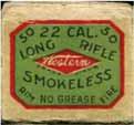 No product code. Contents unknown LR-9.22 LONG RIFLE. "SMOKELESS, LUBRICATED". Green and yellow label with red and black printing. One-piece top-hinged end flap box.