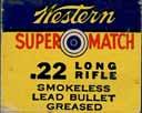 The "SUPER MATCH" Issues End Flap #1 End Flap #2 End Flap #3 LR-3.22 LONG RIFLE (TARGET). "SUPER MATCH". Same as LR-2 except the box top now states 40 GRAIN LEAD LUBRICATED BULLET.