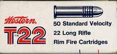 Onepiece box with end flaps. Product code "T22S" on the end. "W-3" h/s on a brass. Lead bullet with 2K,1S. "A" bottom. Variations noted: (a) #1 end flap (b) #2 end flap. S-1.5 LR-l.22 SHORT (TARGET).