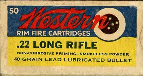 1931- "BULLSEYE" Non-Corrosive Issues LR-1 LR-l.22 LONG RIFLE. "SMOKELESS POWDER". Blue, yellow and white box with red, black and white printing.