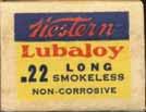 1931- "BULLSEYE" Non-Corrosive "LUBALOY" Issues S-4 22 SHORT (HOLLOW POINT). "SMOKELESS POWDER". Blue, yellow and white box with red, white and blue printing. One-piece box with end flaps.