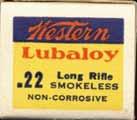 1931- "BULLSEYE" Non-Corrosive "LUBALOY" Issues LR-2.22 LONG RIFLE. "SMOKELESS POWDER". Blue, yellow and white box with red, white and black printing. One-piece box with end flaps.