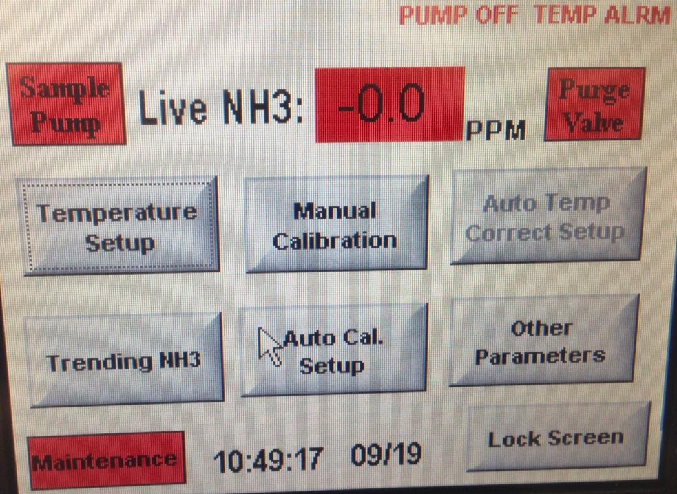 3.1- Warnings/Alarms Warnings and Alarms are displayed atop each screen (as shown below). PUMP OFF- There is no sample being drawn through the analyzer.