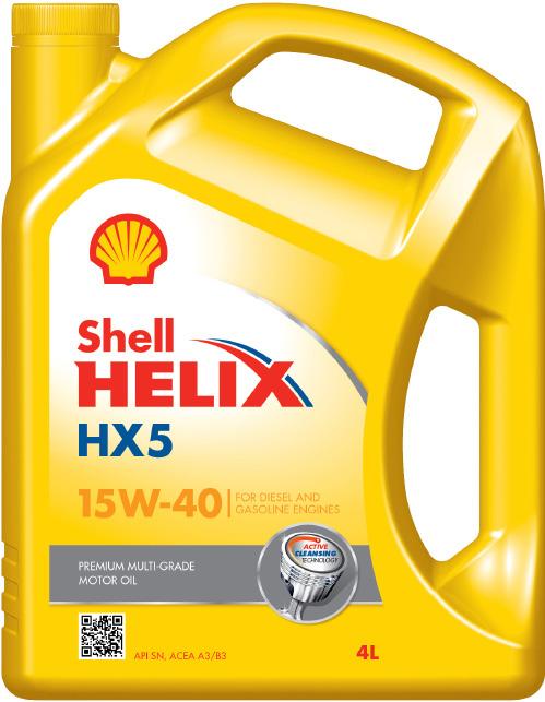 Shell Helix HX5 15W-40 AUTOMOTIVE ENGINE OILS SHELL PASSENGER CAR ENGINE OILS Works harder by continuously helping to prevent dirt and sludge from building up in engines Formulated with cleansing