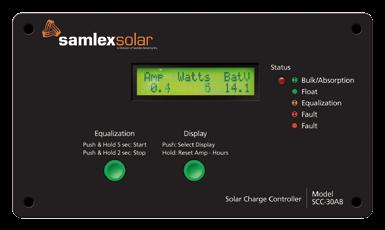Solar Charge Controllers SCC-30AB (PWM, SERIES TYPE) PWM series type Battery equalization 8 charge settings for most battery types 4-stage charging with LED
