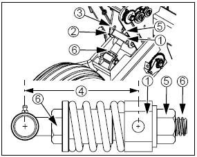 Dimensions are provided for both centerline-to-centerline distance (4) and length of reveal (6) on the threaded rod. Loosen top nut (5). Turn spring linkage (6) to shorten or lengthen.
