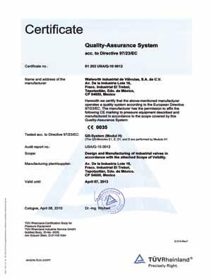 April 1999. Certificate as per PED 97/23/EC products.