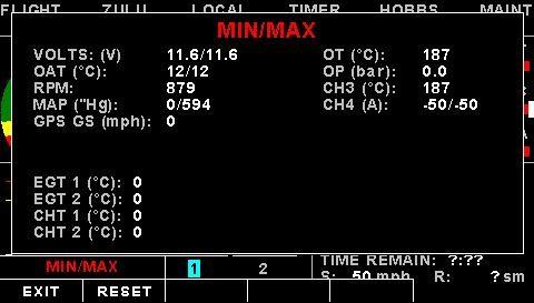 timer. MIN/MAX: Select this menu option to display the maximum and minimum captured values. Press the RESET soft key to reset the min/max values to the current values.
