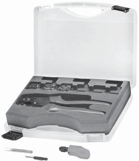 Crimping and release tools Crimping and release tools Crimping tool set Profi type III Consisting of 3 different crimping tool heads and the "Clip & Strip" cutting and stripping unit Content: pair of