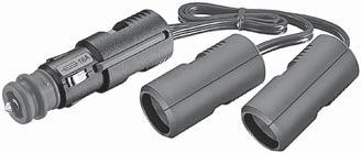 For adapting from standard (ISO 465) or cigarette lighter sockets to two cigarette lighter plugs. Length: 0.25 m. Cable: 2 x 0.75 sq. mm.