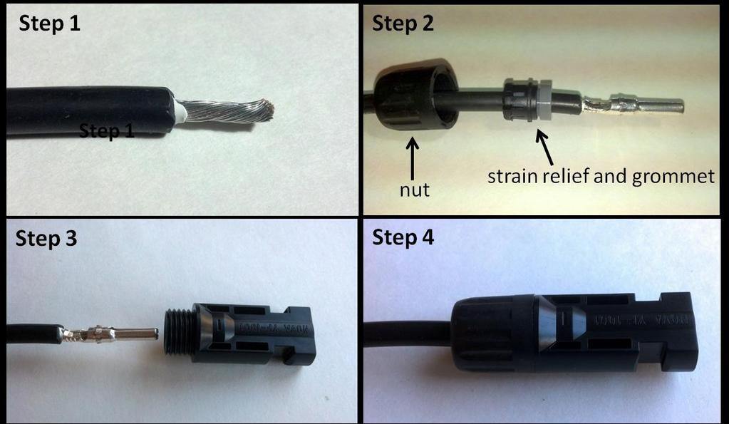Figure 5: Connecting a male MC4 Connector to Solar Panel Cable Figure 5 outlines how to attach a male MC4 Connector to the solar panel cable (The female MC4 Connector can be attached in the same