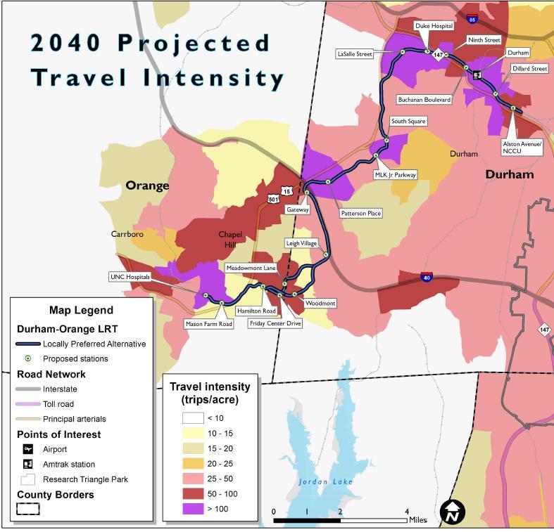 Key To Travel Markets: Trip Intensity Map of Triangle (TJCOG) Trips Per Acre by