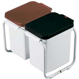 Rectangular pedalbin with plastic lid and three colour coded plastic inner liners for waste separation.