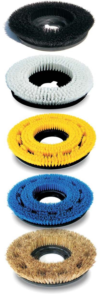 ROTARY SCRUB BRUSHES Synthetic, natural fiber and wire bristle brushes are available in 10-21 sizes with a full range of mounting hardware.