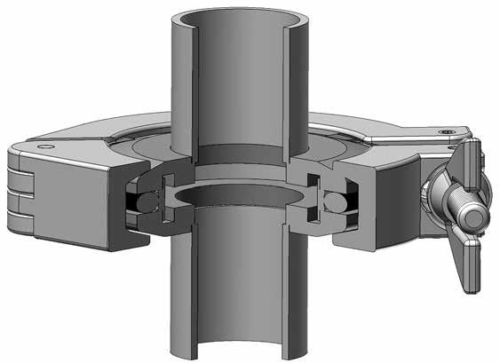 The mating flange surfaces compress a Viton O-ring held in place by a centering ring.