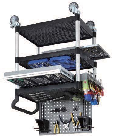 Cart (with tool board & Drawer) Single drawer with ball bearing sliders and quick return system Hooks sold seperately (see page 260) Side can holder and tray