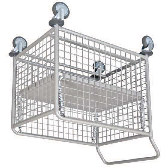 Basket Linen Trolley Mesh sided basket Spring loaded base which lowers as weight is added Corner buffers and push handle Smooth powdercoated finish