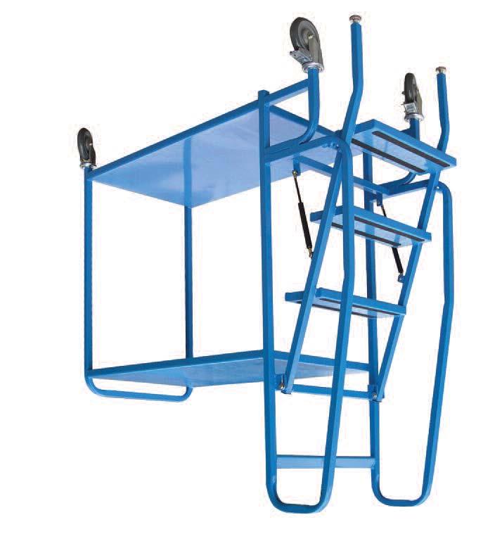 2 Tier Order Picking Ladder Trolley Fully welded 3 step ladder with Has gas struts to automatically retract the steps when moving to the next picking position.