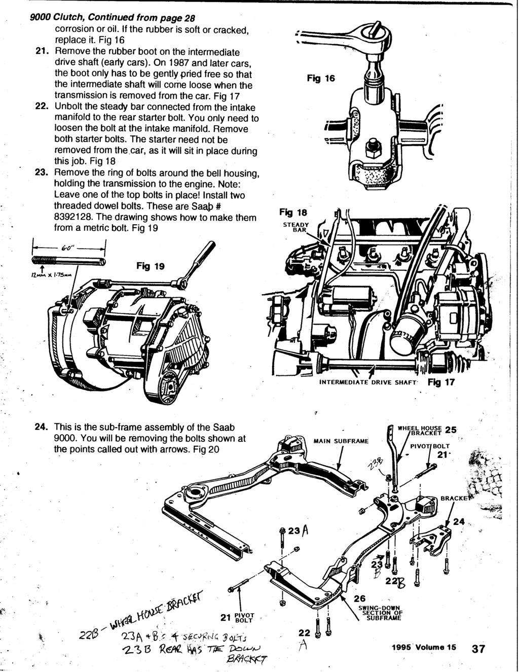 9000 Clutch, Continued from page 28 corrosion or oil. If the rubber is soft or cracked, replace it. Fig 16 21. Remove the rubber boot on the intermediate drive shaft (early cars).