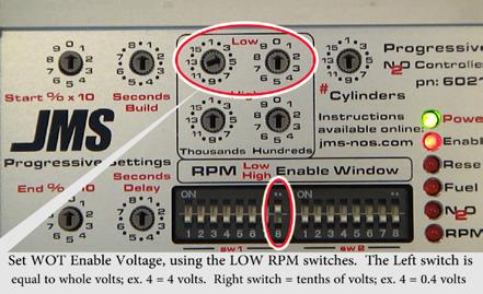 6 volts, the Left Low RPM Switch would be set to 4 and the Right Low RPM switch would be set to 6. To save the WOT Trigger 2 settings:: - turn off dip switch SW1-8 = OFF.