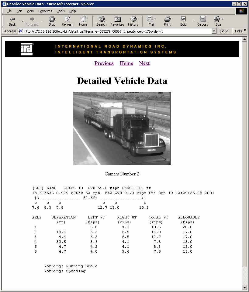 Web Based Virtual System The Vehicle Detail screen provides a time-stamped record that includes: axle configuration