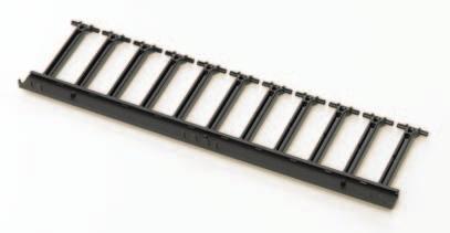 The brush strip sections are secured to the back of the mounting rails with plastic push-in fasteners and do not interfere with any available mounting spaces.