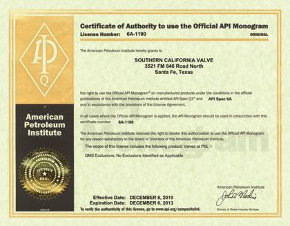 Certifications & Registrations American Petroleum Institute (API) API 6A