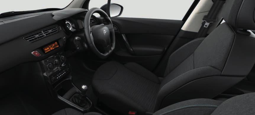 Citroën C3 Selection Edition specification includes: Panoramic Zenith windscreen with chrome roof insert and sliding interior sun blind Black/grey Liberia cloth 17 inch black Clover alloy wheels