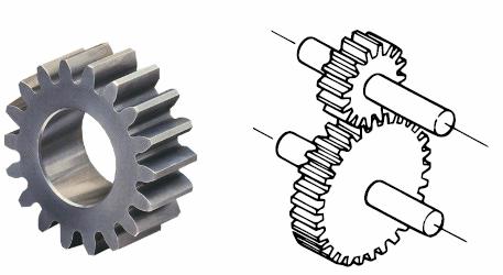 SPUR GEARS Spur gears are used to transmit power between two parallel shafts. The teeth on these gears are cut straight and are parallel to the shafts to which they are attached.