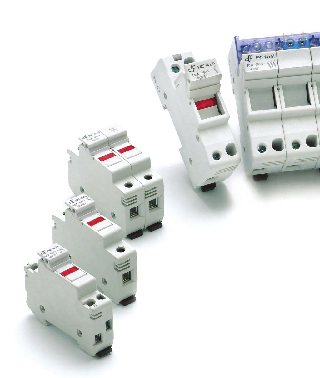 PMF Modular fuse holders for industrial cylindrical fuse links. For mounting on DIN/EN rail. Single phase models, single-phase+neutral in only one module and multi-pole types.