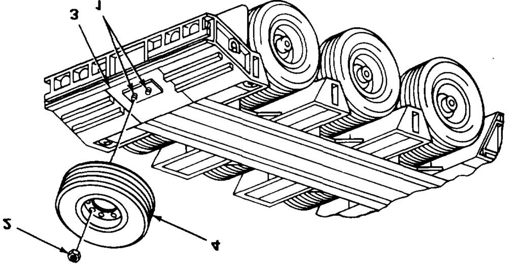 SPARE TIRE AND WHEEL ASSEMBLY - CONTINUED ACTION LOCATION ITEM REMARKS REMOVAL 1. Lugs (1) 2. Rear of semitrailer (3) INSTALLATION 3. Rear of semitrailer (3) 4.