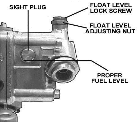 1. Start the vehicle. Turn on the electric fuel pump (if so equipped) 2. Carefully remove the float level sight plug. 3. Observe the sight plug hole for the fuel level.