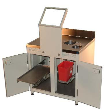 The two stainless steel shelves are height adjustable and have a 5/8" (1.59 cm) spill lip on all four sides. A fixed shelf below the Sharps container does not pull out but is height adjustable.