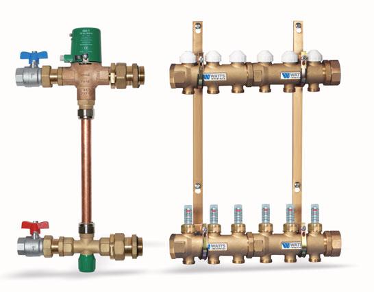 Electrothermic zone valve Soft-sealed connection Automatic control of the branches with electrotermic actuators Return of the heat carrier fluid Connection elements of the zone and by-pass valves