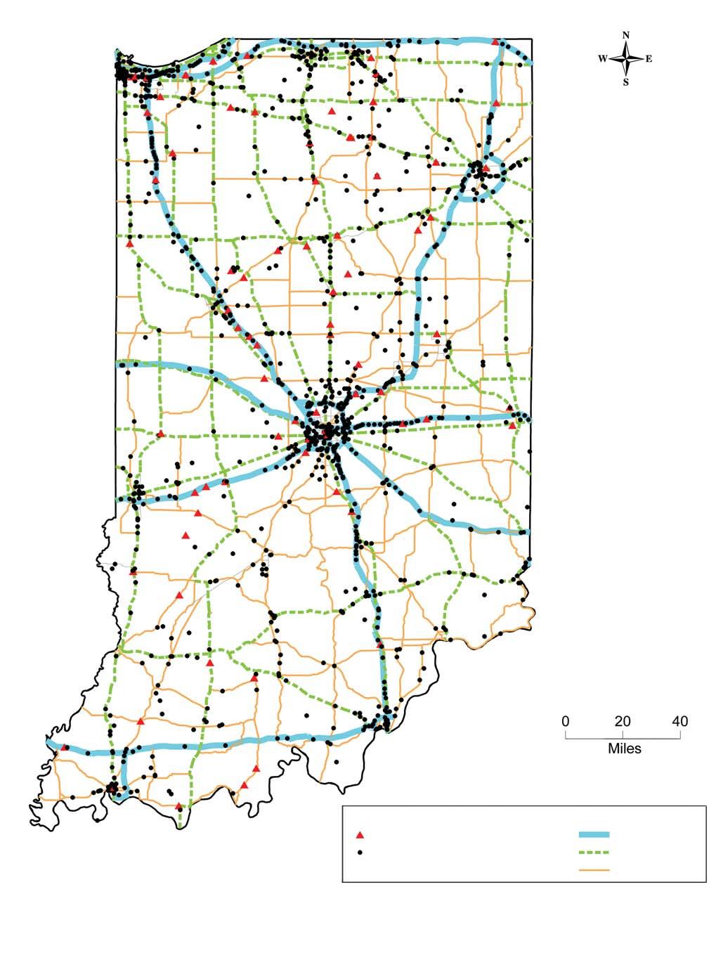 Map 1: Indiana fatal and injury collisions involving large trucks, 2009 Collision severity (mapped/total) Fatal collisions (79/82) Injury collisions (1,249/1,294) Road class Interstate US route State