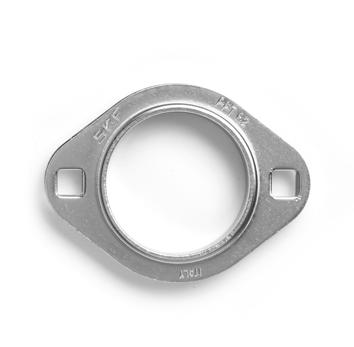 The flanged housings made of pressed steel are available in three different series: PF series with a round flange and
