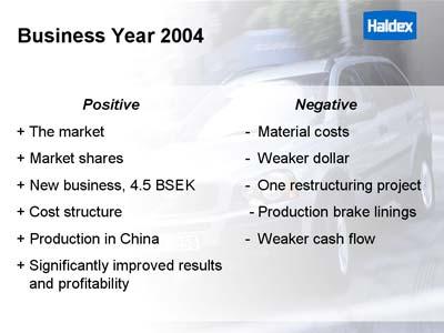 Annual General Meeting 2005 / Haldex Dear honored shareholders, As a rule, any fiscal year will have both positive and negative aspects, and fiscal 2004 was no exception.