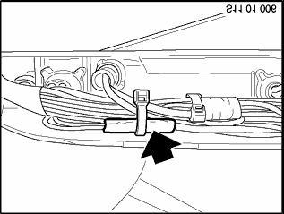 16. Install shrink tubing on butt connector as show. 17. Reinstall 3 wire ties as shown(1). 18.