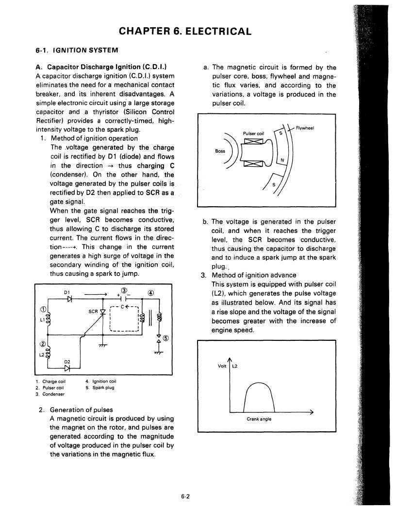 CHAPTER 6. ELECTRICAL 6-1. IGNITION SYSTEM A. Capacitor Discharge Ignition (C.D.I.) A capacitor discharge ignition (C.D.I.) system eliminates the need for a mechanical contact breaker, and its inherent disadvantages.