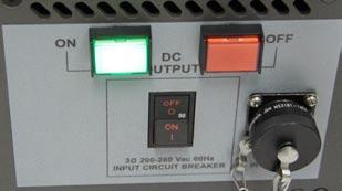 2 Product Overview 2.11 DC Output ON and OFF Buttons The DC output ON and OFF buttons are located directly above the 60 Hz AC Input Circuit Breaker (see Figures 2.11.1 and 2.11.2 below).