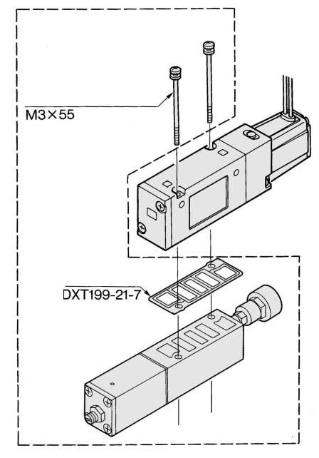 Series 000. The mounting direction is shown in the diagram below. Mount the solenoid so that it will be on the same side as the single solenoid of the Series 000.