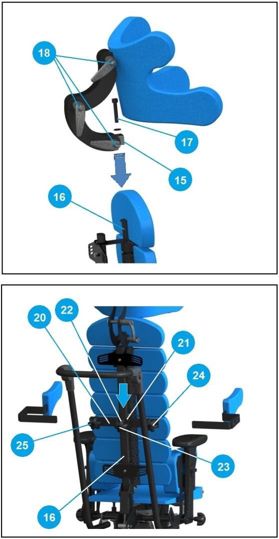 6. Additional Features 1 6.1 Headrest 6.1.1 Headrest Assembly - Loosen the top adjustment screw spine 17. - Insert the headrest fixing bracket 15 onto the backrest profile 16.