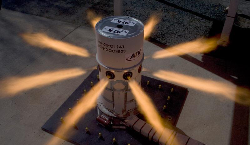 Figure 2. Ground Static Fire Test of the Attitude Control Motor Microphones and accelerometers were mounted in the LAS for the pad abort test.