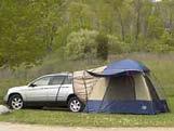 B C D spen 2008 2007 21400 Blue and Gray tent is 10' x 10' and has two doors, large "no-see-um" mesh windows, exterior canopy, and two easy-to-use tent poles. Sock attaches to vehicle lift gate.