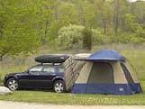 Tent attaches to the rear of your vehicle, creating extra storage space. Tent stands alone when detached from the vehicle if you need to drive away from the campsite.