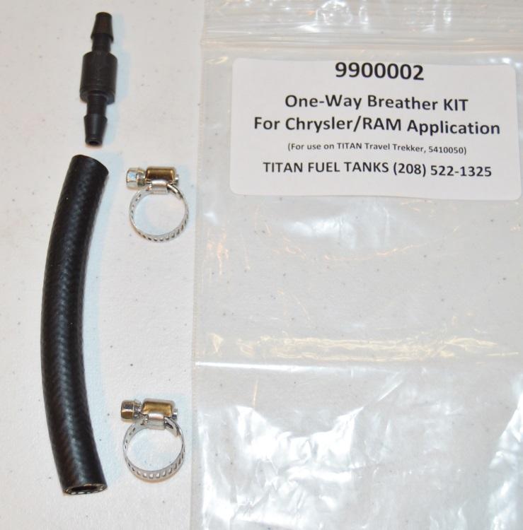 9900002 One-Way Breather Kit for Chrysler / RAM Applications For Travel Trekker 40 & 50 Some 2013 and newer Chrysler / RAM products feature a vent line breather which is usually located in the fender